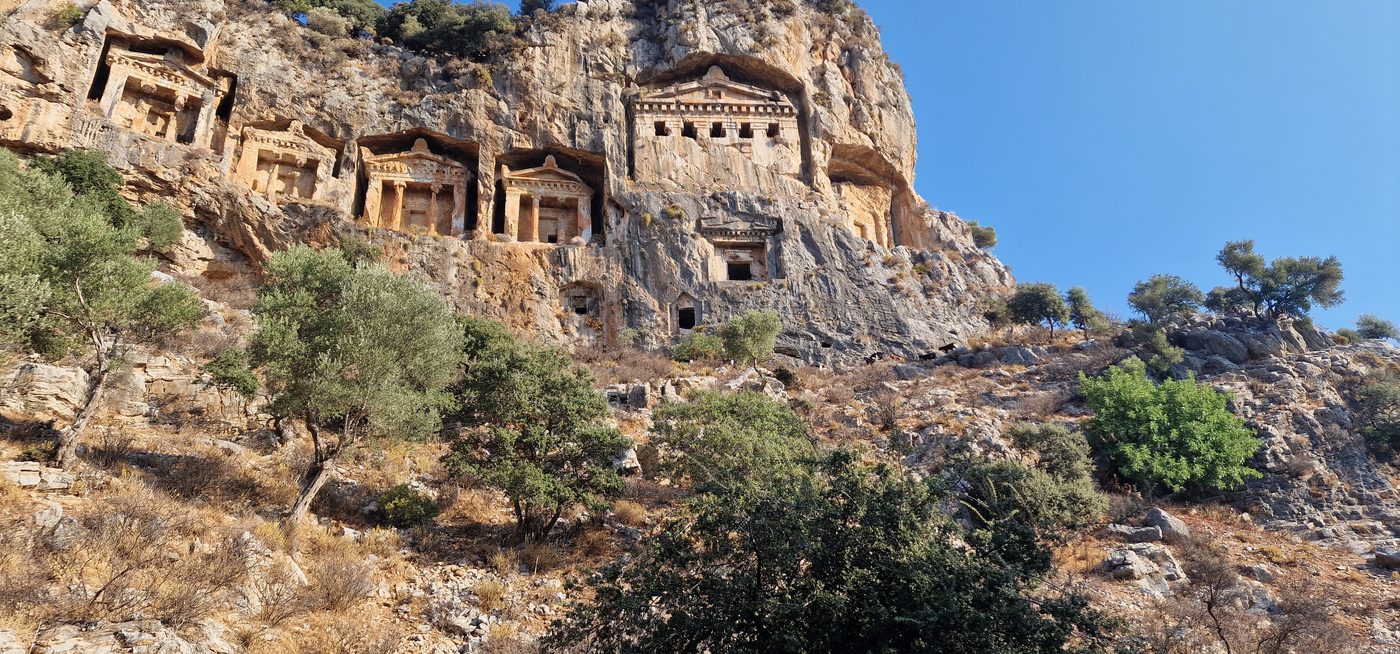 Lycian rock tombs carved into the cliff face above Dalyan