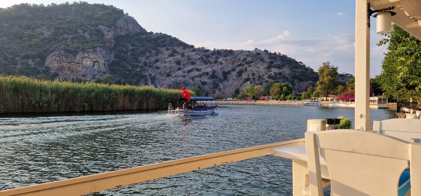 View of Lycian rock tombs from Dalyan riverside restaurant